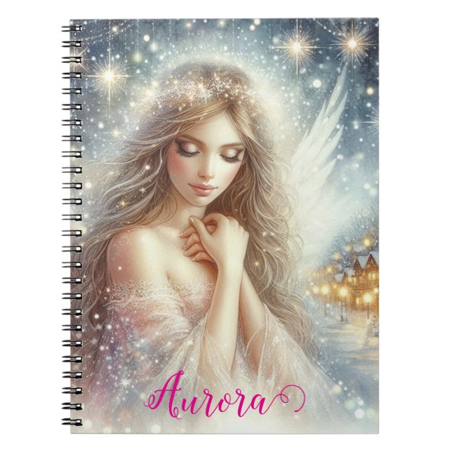 Festive Girly Watercolor Ethereal Frost Snow Angel Notebook (Front)