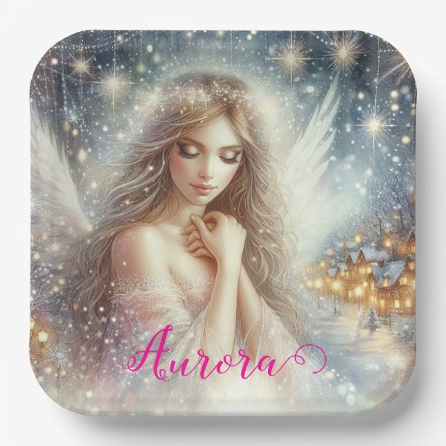 Festive Girly Watercolor Ethereal Frost Snow Angel Paper Plate (Front)