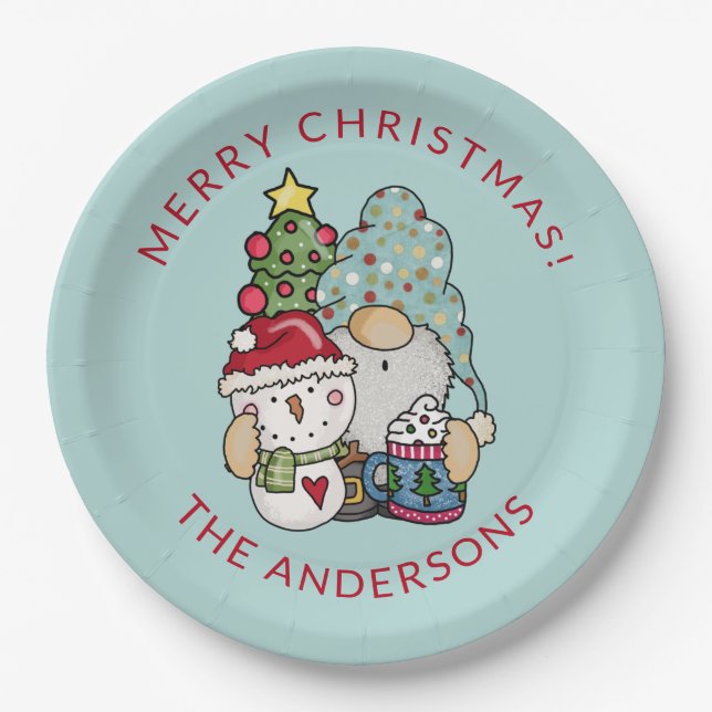 Festive Gnome Snowman Christmas Paper Plate (Front)