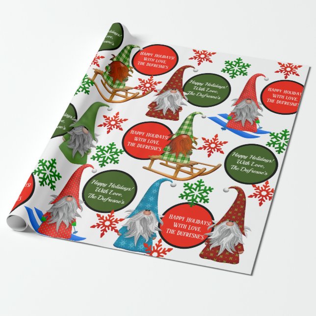 Festive Gnomes Personalised Holiday Wrapping Paper (Unrolled)