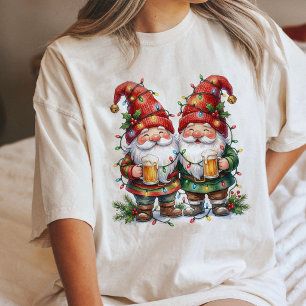 Festive Gnomes With Beer And Christmas Lights Tri-Blend Shirt
