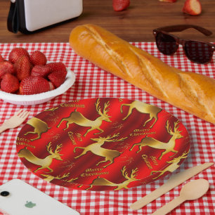 Festive Gold and Red Reindeer Christmas Paper Plate