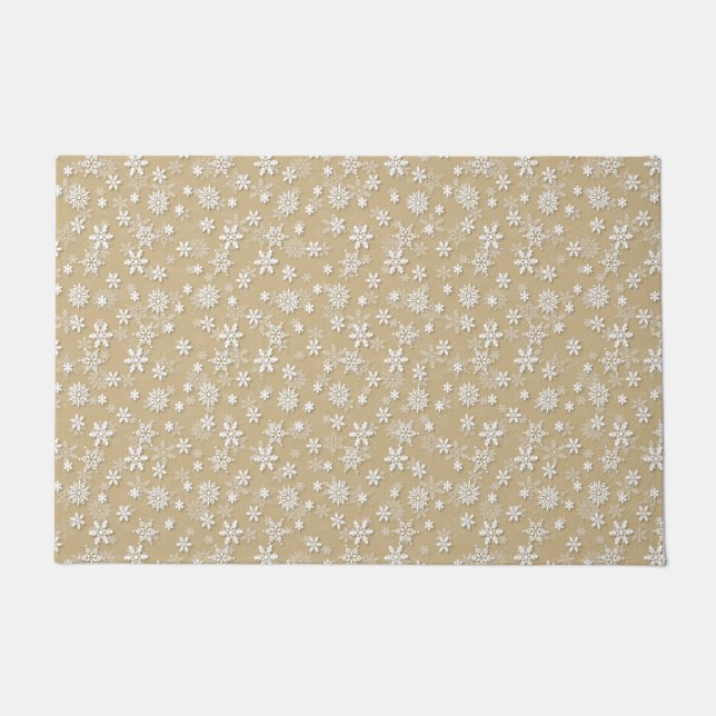 Festive Gold and White Christmas Holiday Snowflake Doormat (Front)