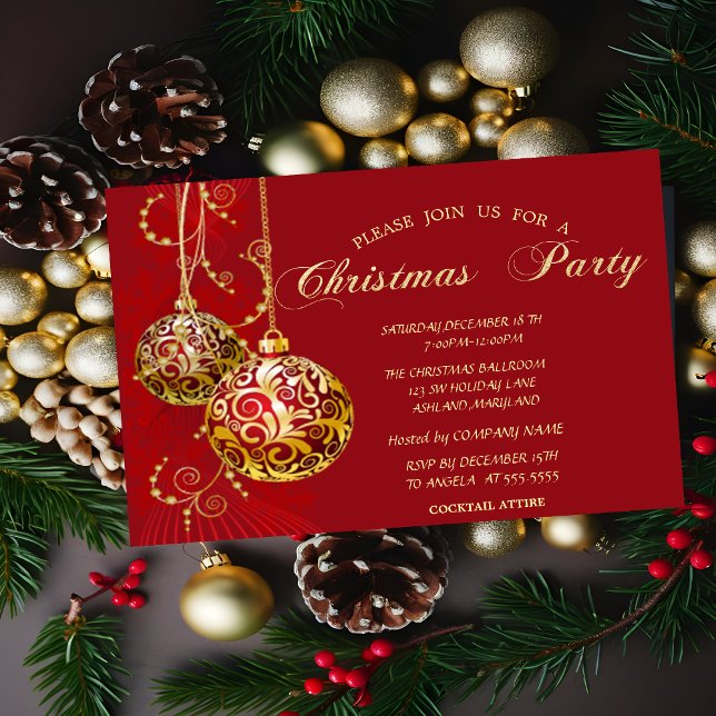 Festive Gold Balls Red Company Christmas Party Invitation (Creator Uploaded)