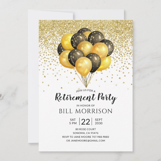 Festive Gold Black White Retirement Invitation (Front)
