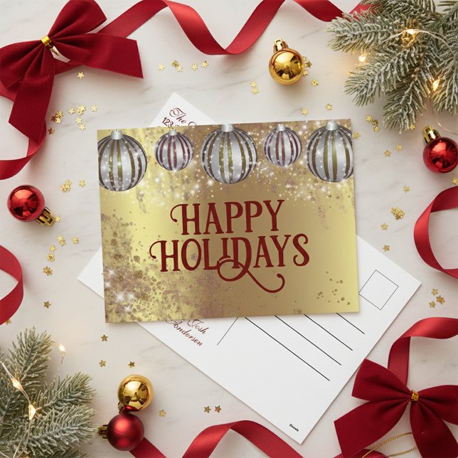 Festive Gold Christmas Baubles Happy Holidays Holiday Postcard (Creator Uploaded)