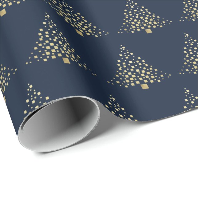 Festive Gold Christmas Trees Navy Blue Wrapping Paper (Roll Corner)