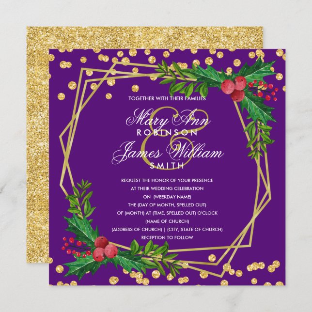 Festive Gold Christmas Wedding Holly Purple Invitation (Front/Back)