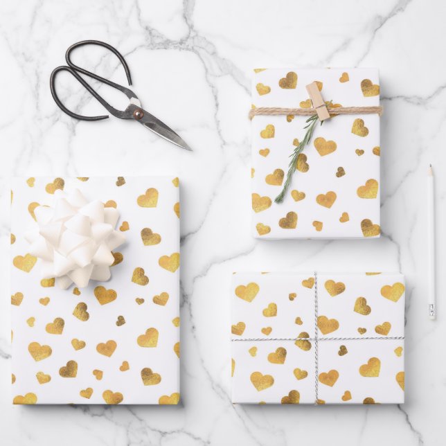 Festive Gold Confetti Hearts Gift Wrapping Paper Sheet (Front)