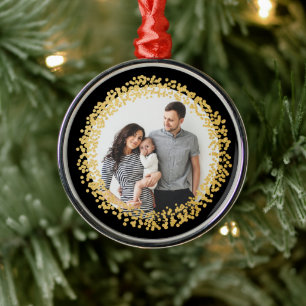 Festive Gold Confetti Photo Holiday Christmas Metal Tree Decoration