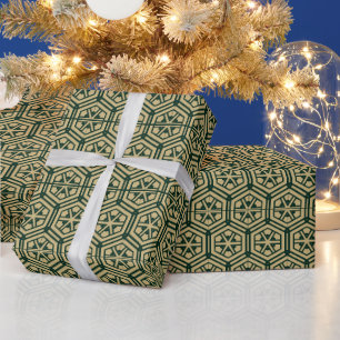 Festive gold dark green elegant hexagonal pattern wrapping paper