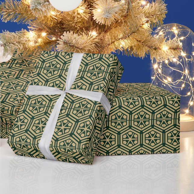 Festive gold dark green elegant hexagonal pattern wrapping paper (Holidays)