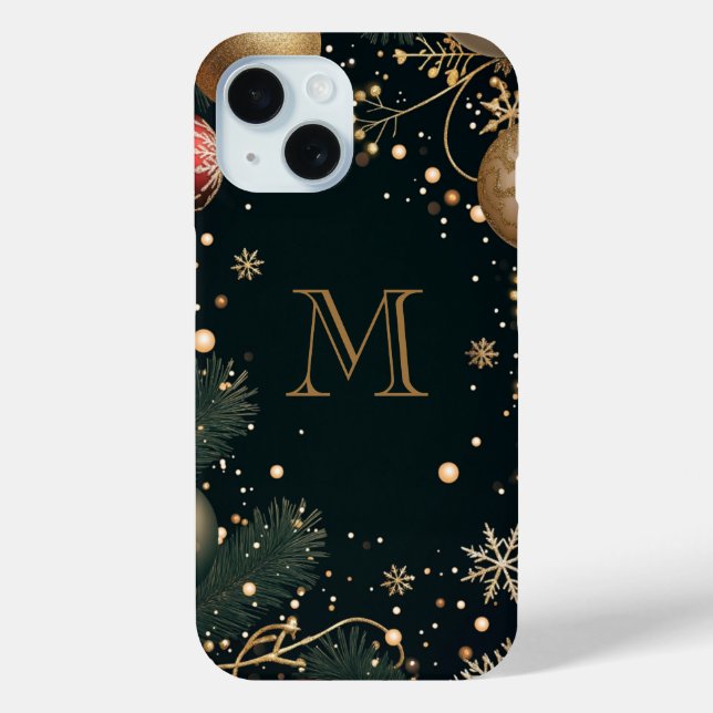 Festive Gold Elegant Christmas Monogram Dark Case-Mate iPhone Case (Back)