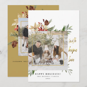 Festive Gold Faith Hope Love Two Photo Christmas Holiday Card