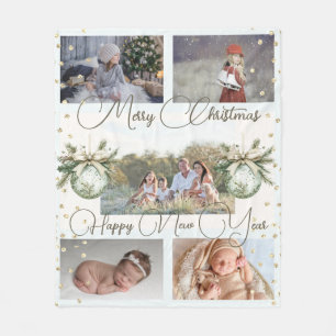 Festive Gold Family Collage Photos Christmas Fleece Blanket