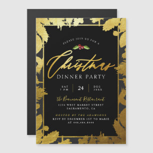 Festive Gold Foil & Black Christmas Dinner Party Magnetic Invitation