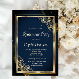 Festive Gold Frame Blue Retirement Invitation