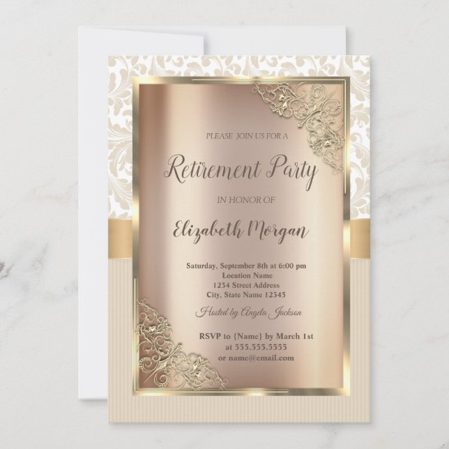 Festive Gold Frame,Damask Stripes Retirement  Invitation (Front)