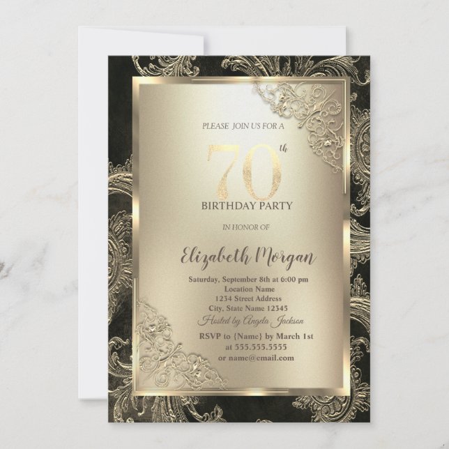 Festive Gold Frame,Floral Damask 70th Birthday  Invitation (Front)
