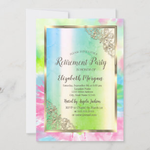 Festive Gold Frame,Green,Tie Dye Retirement Invitation