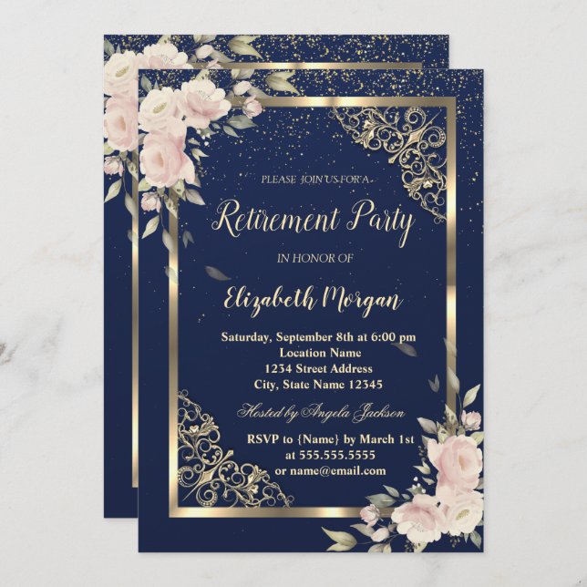 Festive Gold Frame Navy Blue Flowers Retirement Invitation (Front/Back)