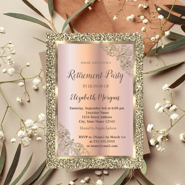 Festive Gold Frame,Rose Gold,Glitter Retirement Invitation (Creator Uploaded)
