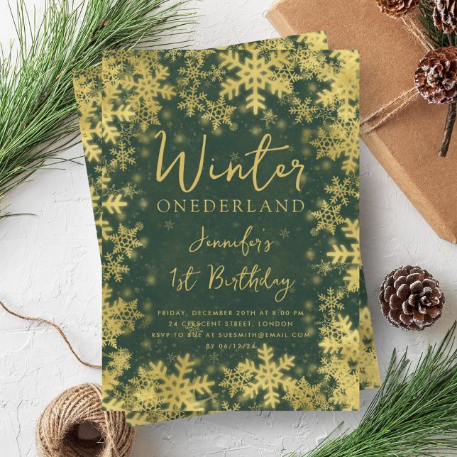 Festive Gold Green Winter ONEDERLAND 1st Birthday Invitation (Festive Gold Green Winter ONEDERLAND 1st Birthday Invitation)