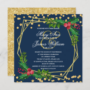 Festive Gold Holiday Christmas Wedding Holly Navy Invitation