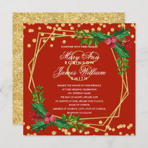 Festive Gold Holiday Christmas Wedding Holly Red Invitation