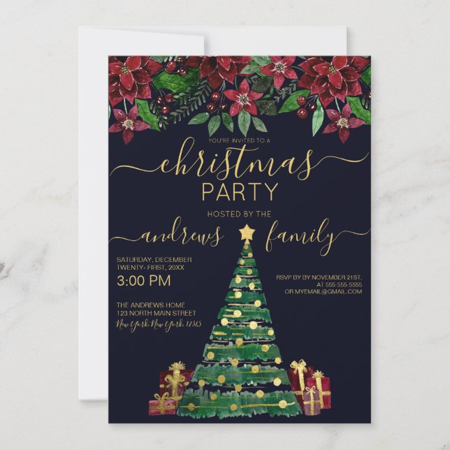 Festive Gold Holiday Tree Gifts Floral Christmas Invitation (Front)
