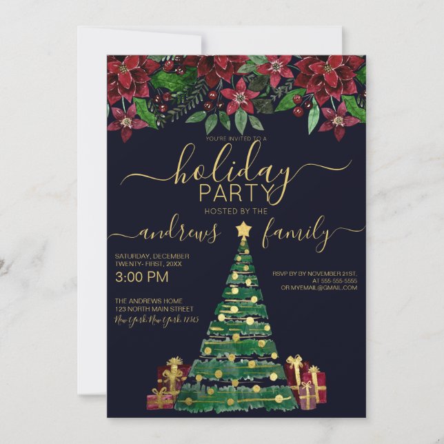 Festive Gold Holiday Tree Gifts Floral Holiday Invitation (Front)