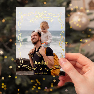 Festive Gold Line Drawn Ribbon Frame 1-Photo Foil Holiday Card
