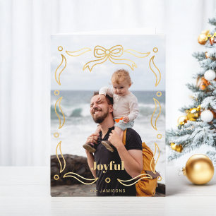 Festive Gold Line Drawn Ribbon Frame 1-Photo Holiday Card