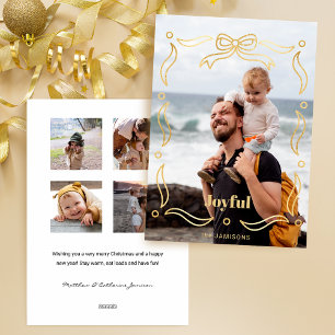 Festive Gold Line Drawn Ribbon Frame 1-Photo Holiday Card