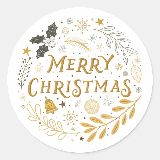 Festive Gold Merry Christmas  Classic Round Sticker (Front)