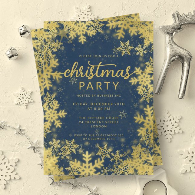 Festive Gold Navy Foil Snowflakes Christmas  Invitation (Festive Gold Navy Foil Snowflakes Christmas Invitation)