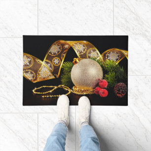 Festive Gold Ornament and Ribbon Doormat