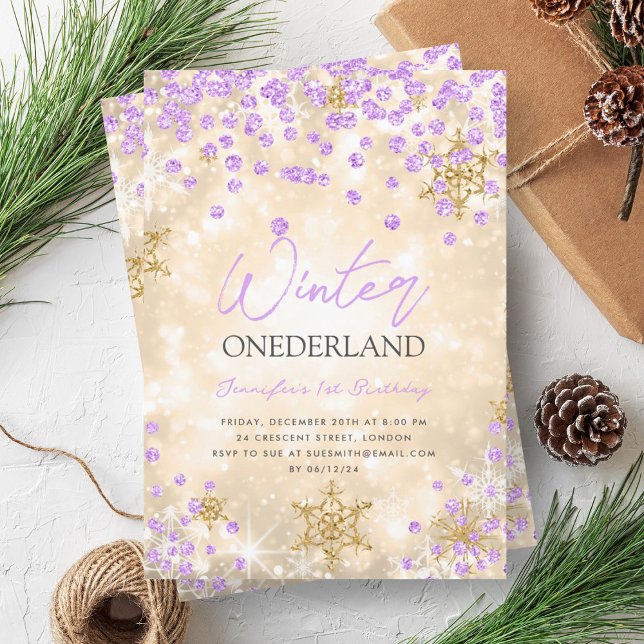 Festive Gold Purple Winter ONEDERLAND 1st Birthday Invitation (Festive Gold Purple Winter ONEDERLAND 1st Birthday Invitation)