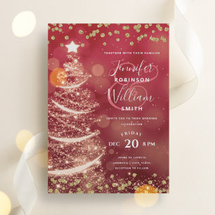 Festive Gold & Red Elegant Wedding Sparkle Tree Invitation