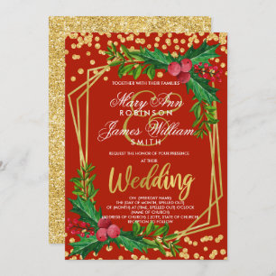 Festive Gold Red Holiday Christmas Wedding Holly Invitation