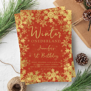 Festive Gold Red Winter ONEDERLAND 1st Birthday Invitation