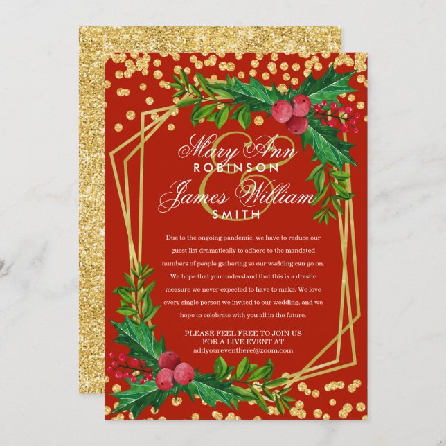 Festive Gold Reduced Christmas Wedding Holly Red Invitation (Front/Back)
