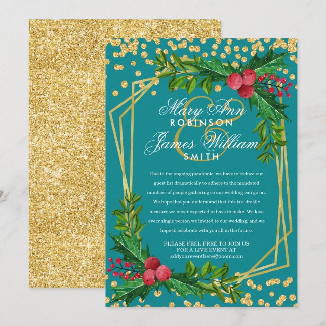 Festive Gold Reduced Christmas Wedding Holly Teal Invitation (Front/Back)