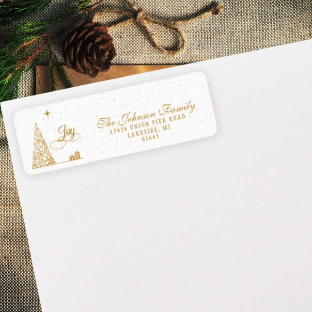 Festive Gold Script Christmas Tree Return Address  Label (Creator Uploaded)