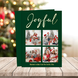 Festive Gold Script JOYFUL Modern Green Photo  Foil Holiday Card