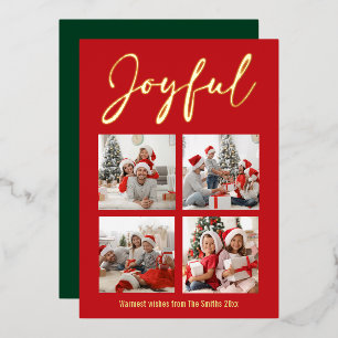 Festive Gold Script JOYFUL Modern Red Photo Foil Holiday Card