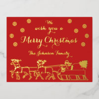 Festive Gold Script Merry Christmas Santa on Sled