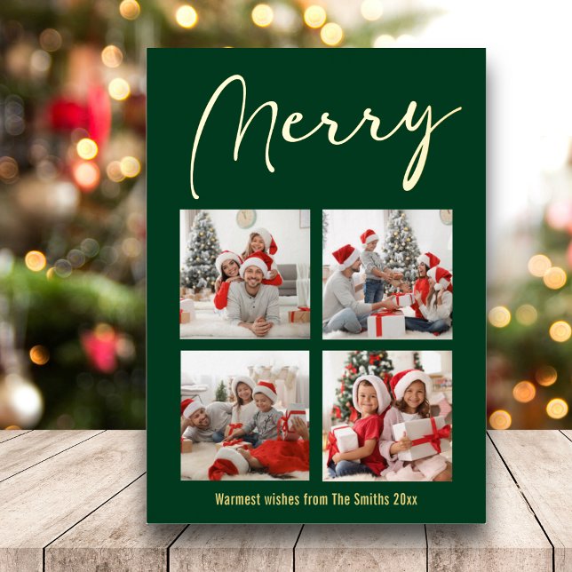 Festive Gold Script MERRY Modern Green Photo Foil Holiday Card (Creator Uploaded)