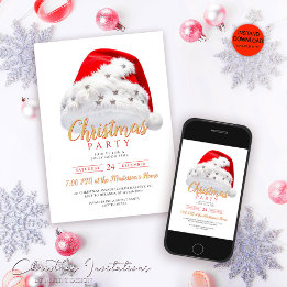 Festive Gold Script Santa Hat Christmas Party Invitation