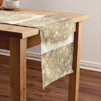 Festive Gold Sparkle Snowflakes with Snow Short Table Runner